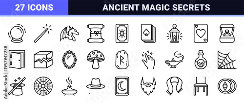 Mystic Wizardry and Stage Magic Elements in Minimalist Monoline Style for Fantasy Game Design and Modern Occult Branding
