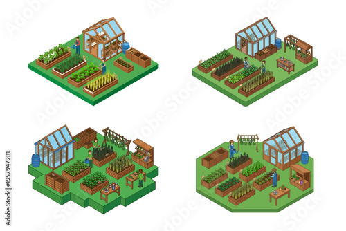 Set of Isometric Small Scale Organic Garden Designs