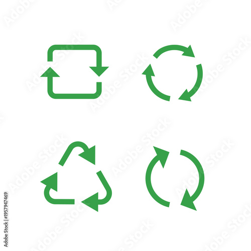 フラットデザインの緑色のリサイクルマークと循環矢印のアイコンセット | 環境保護やエコ素材のイラスト