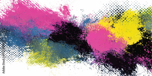 Abstract a dynamic artwork of vibrant splashes of color bursts forth, expressing creativity, innovation, and artistic expression. With energetic brushstrokes of cyan, magenta, and yellow.
