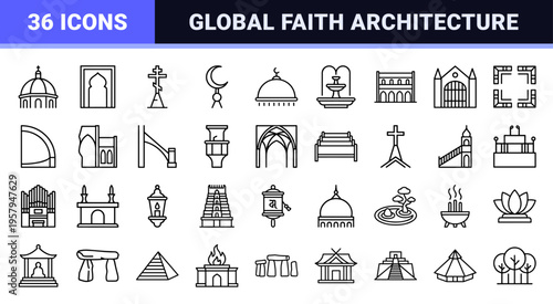 Global religious architecture and places of worship Minimalist monoline vector line art for urban planning and spiritual wayfinding.
