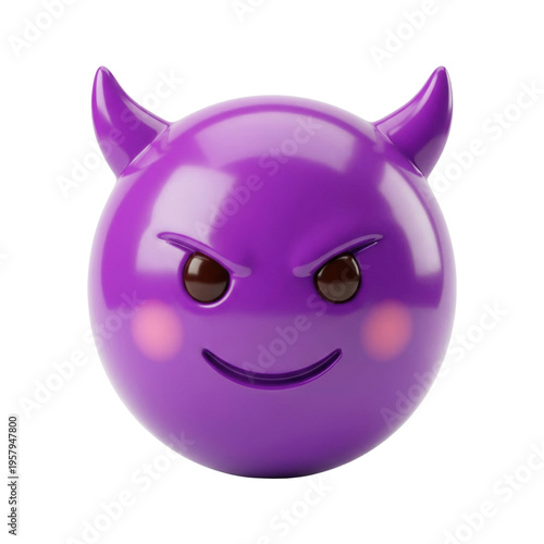 白い背景に分離された、紫色の角と邪悪な表情を持つ3Dレンダリングの悪魔の絵文字アイコン