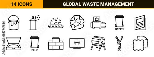 Minimalist Monoline Waste Management and Recycling Symbols for Professional Environmental Logistics and Sustainable Industry Graphics