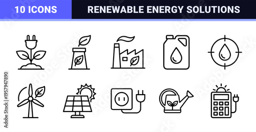 Sustainability and Renewable Energy Management Systems Minimalist Geometric Line Art Outline Graphic Design Set