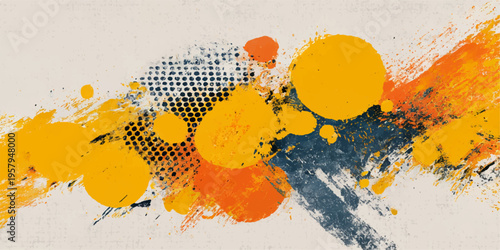 Abstract artistic illustration of vibrant brushstrokes and paint splatters. Showcasing an abstract artwork composition, mixing of vibrant colors with playful strokes.