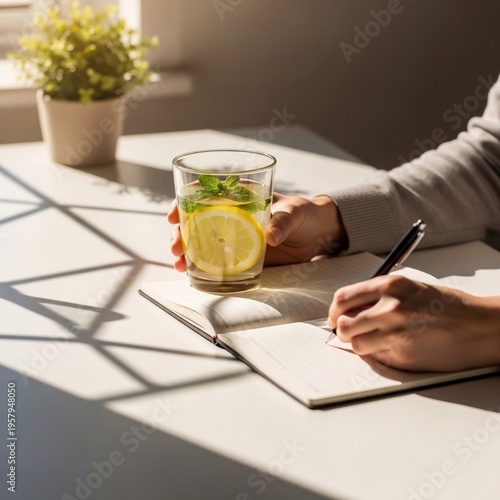 Healthy morning routine with lemon water and journaling on minimalist desk in natural sunlight