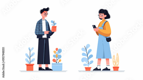 Diverse individuals tending to houseplants, fostering a connection with nature in an urban setting, promoting well-being
