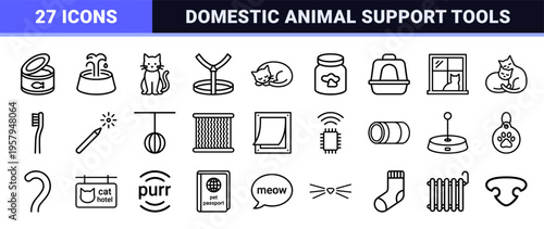 Professional Feline Care and Cat Lifestyle Geometric Monoline Outline Symbols for Pet Industry Apps and Veterinary Services Visual Identity