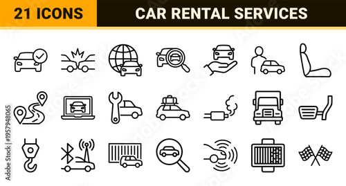 Modern Automotive Services and Car Rental Monoline Icon Set for Transportation Systems and Global Logistics Fleet Management