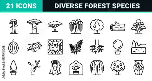 Tree and Nature Symbols Minimalist Monoline Geometric Line Art for Environment Conservation and Forestry Design Projects
