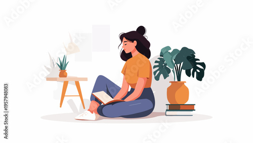 A peaceful illustration of a young woman absorbed in a book, enjoying a quiet moment of relaxation and learning in a cozy home setting with plants