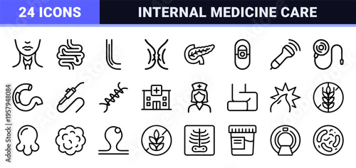 Gastroenterology and Digestive Health Line Art, Minimalist Monoline Symbols for Medical Apps and Clinical GI Surgery Outlines
