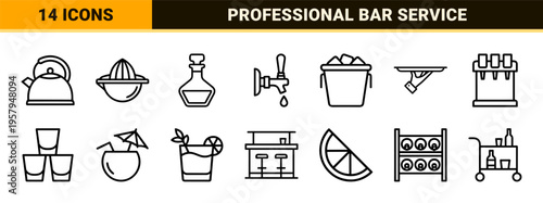 Comprehensive Beverage and Mixology Icon Set Featuring Minimalist Monoline Glassware Barware and Drink Symbols for Commercial Design Projects.
