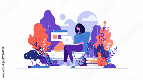 Freelancer working remotely on laptop, surrounded by lush, stylized plants in a serene environment, embodying modern digital lifestyle and creative freedom