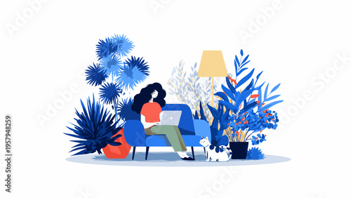 Young woman working on laptop while sitting on a sofa surrounded by lush plants and blue floral decorations in a modern living room