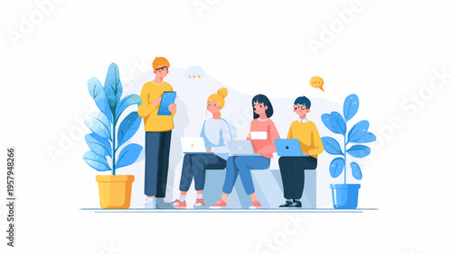 Diverse group of people collaborating on laptops in a bright, modern office space with plants