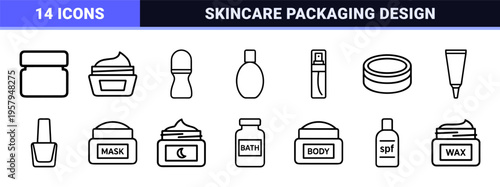 Beauty Skincare Packaging Outline Icons, Minimalist Monoline Cosmetic Bottle Graphics for Commercial Branding and Product Design UI.
