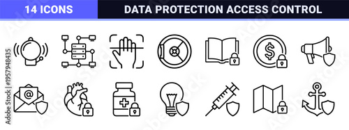 Minimalist monoline geometric line art cybersecurity and digital privacy system for data protection access control and surveillance.