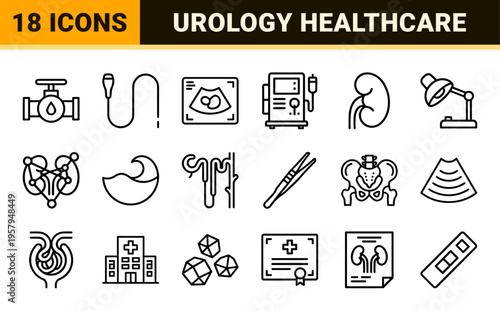 Minimalist monoline urology and nephrology line art focusing on medical diagnostics and surgical renal health.