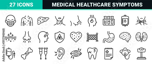 Infectious diseases and medical symptoms represented in Minimalist geometric monoline art for healthcare UI design.