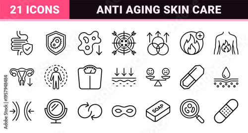 Minimalist black and white wellness health and anti-aging line art with primitive geometric abstraction and uniform stroke weight.