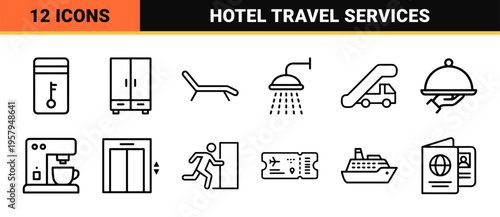 Minimalist geometric black outline hospitality and hotel amenities set featuring accommodation and travel service symbols.