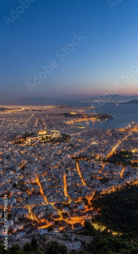 Twilight Cityscape Panorama Ancient Acropolis Illuminating Mediterranean Coastline