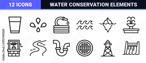 Minimalist water conservation and fluid dynamics outline symbols featuring pure geometric abstraction and uniform monoline black strokes.