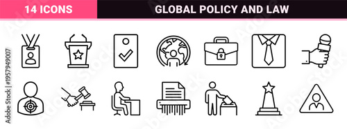 Minimalist monoline diplomacy, politics, and government symbols in a clean geometric black and white outline style.