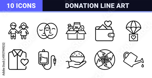 Minimalist monoline geometric line art representing donation charity volunteer healthcare and community support concepts.