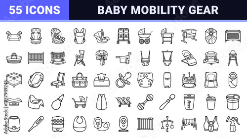 Minimalist geometric infant transport and nursery equipment outline illustrations highlighting essential baby gear design.
