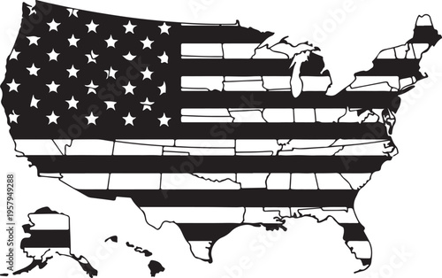 A black and white graphic illustration featuring a map of the united states with flag elements