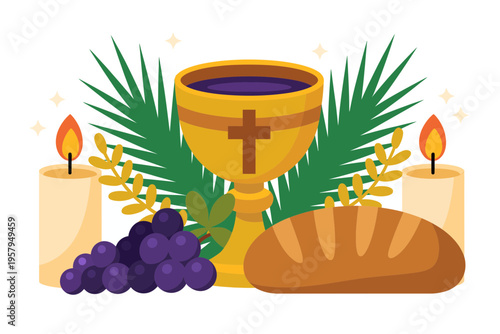 A vector graphic illustration of a Christian communion setup with a chalice, bread, grapes, and candles