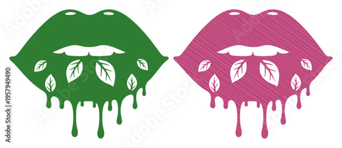 Two colorful lips with dripping effect and leaves symbolize natural beauty and fresh flavor.