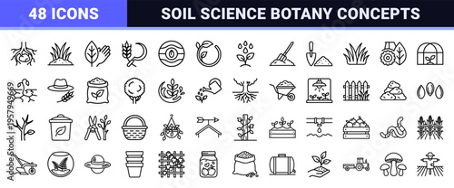 Sustainable agriculture and soil agronomy monoline outline designs with 1.25pt uniform strokes for commercial farm and ecological projects.