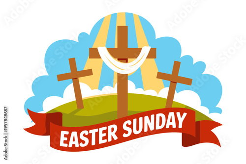 A colorful Easter Sunday illustration featuring three crosses on a hill with a banner