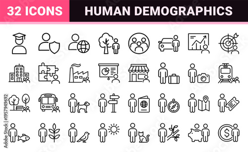 Minimalist technical monoline human demographics and family relationships. Pure geometric line art portraying diverse communities.