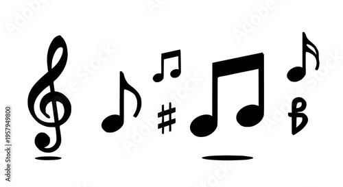 Music notes set with treble clef and various symbols in black featuring vector, illustration, sharp with flat and melody elements for harmony,