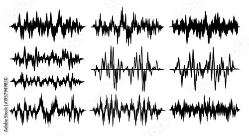 Waveform set with black jagged irregular lines and peaks on white background featuring sound wave, audio wave, audio signal with sound pattern and
