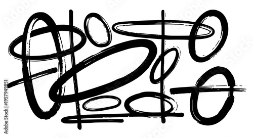 Circles hand drawn with black curved lines and grunge scrawls on white background featuring abstract, artistic, scribbles with doodles and sketch