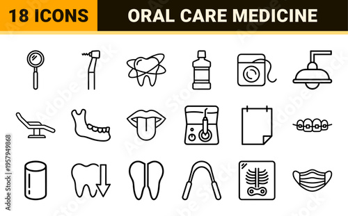 Minimalist dental care monoline symbols for clinical health applications featuring simple geometric line art and uniform strokes.
