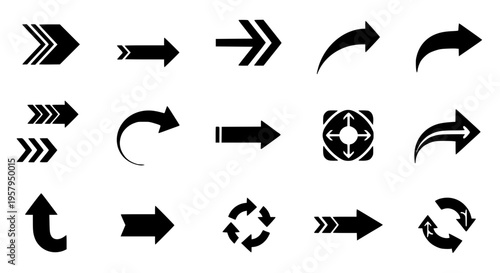 Arrows hand drawn set with black curved lines and geometric shapes on white background featuring arrow icons, direction symbols, navigation icons