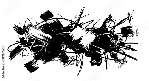 Graffiti black and white abstract with brush strokes and splatters, urban grunge style artistic expression.