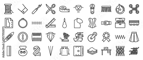 Tailoring and Sewing Craft Supplies Minimalist Monoline Geometric Outline Icons for Fashion Design and Garment Construction Industry Visuals