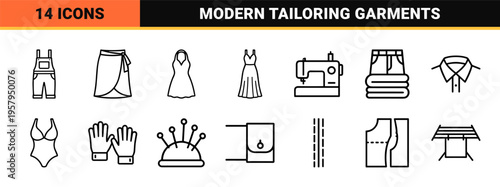 Minimalist monoline apparel and garment care line art focusing on tailoring and clothing design aesthetics.