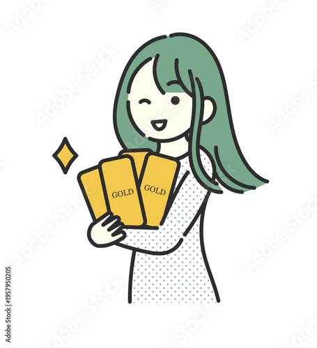 ゴールドバーを抱えウィンクする女性のイラスト