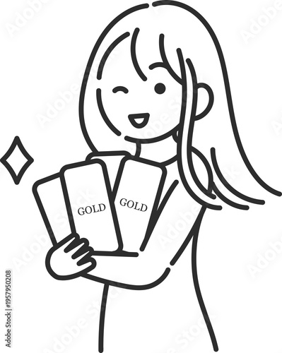 ゴールドバーを抱えウィンクする女性のイラスト　線画のみ