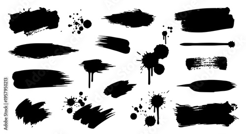 Brush strokes black ink set with splatters and smudges, abstract artistic elements featuring grunge, texture, brushstrokes with design and graphic