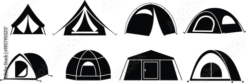 Camping tent icons collection, outdoor adventure shelter set, travel campsite equipment illustration, isolated vector hiking expedition tent design elements
