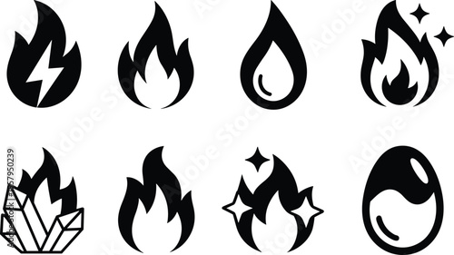 Fire flame icons collection, energy heat and crystal symbols set, burning elements illustration, isolated vector ignition power design bundle